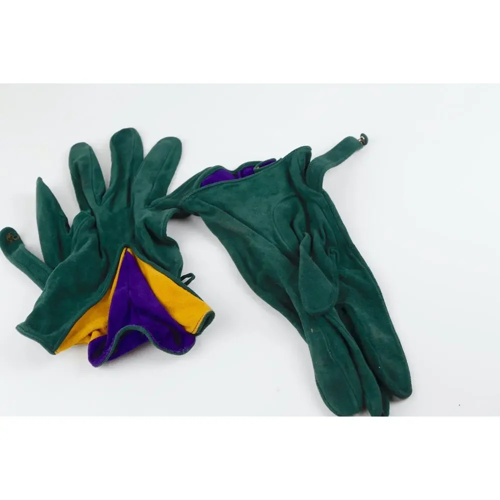 Vintage Emerald Green Suede Leather Colorblock Fan Ruffle Gloves Size 7.5